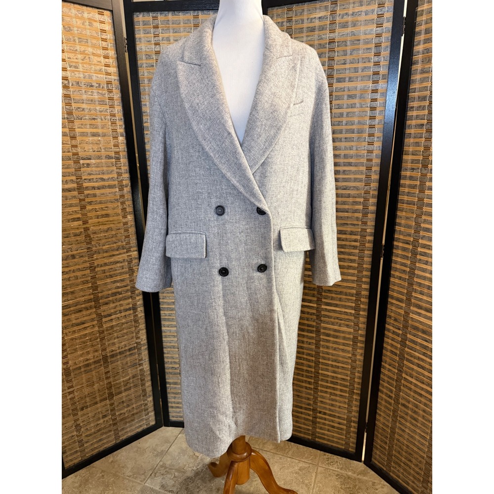Zara Manteco Wool Blend Coat Womens M Gray Double Breasted Long Tailored